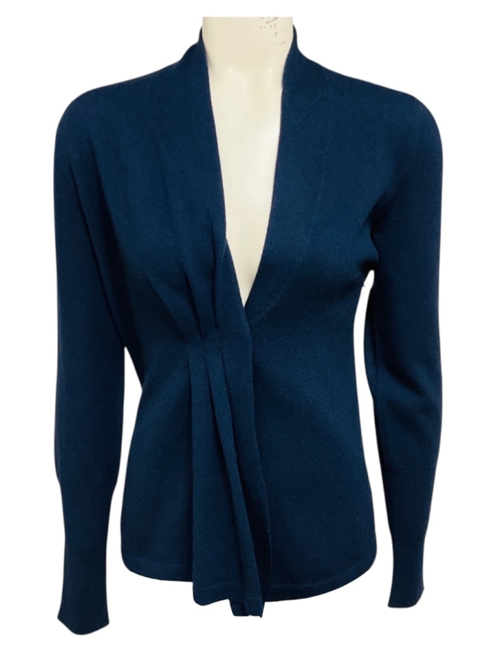 Brunello Cucinelli Navy Blue Pleated Detail Cashmere Knit Cardigan Sweater